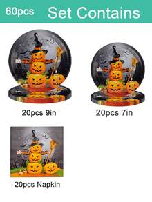 80/60/50/40pcs Halloween Paper Plates And Napkins Set, Disposable Dessert Plates And Napkins, Halloween Theme Birthday Party Decorations, Serves 10 People (Pumpkin Design) - Multicolor - View 18
