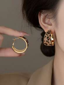 1 Pair Fashion Flocked Leopard Print Hoop Earrings Suitable For Women's Party Wear - Yellow Gold - View 3