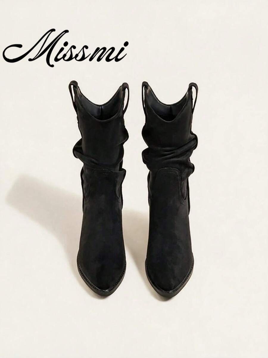 Autumn New Women's Low-Top Pointed-Toe Curved Chunky High Heel Ankle Boots