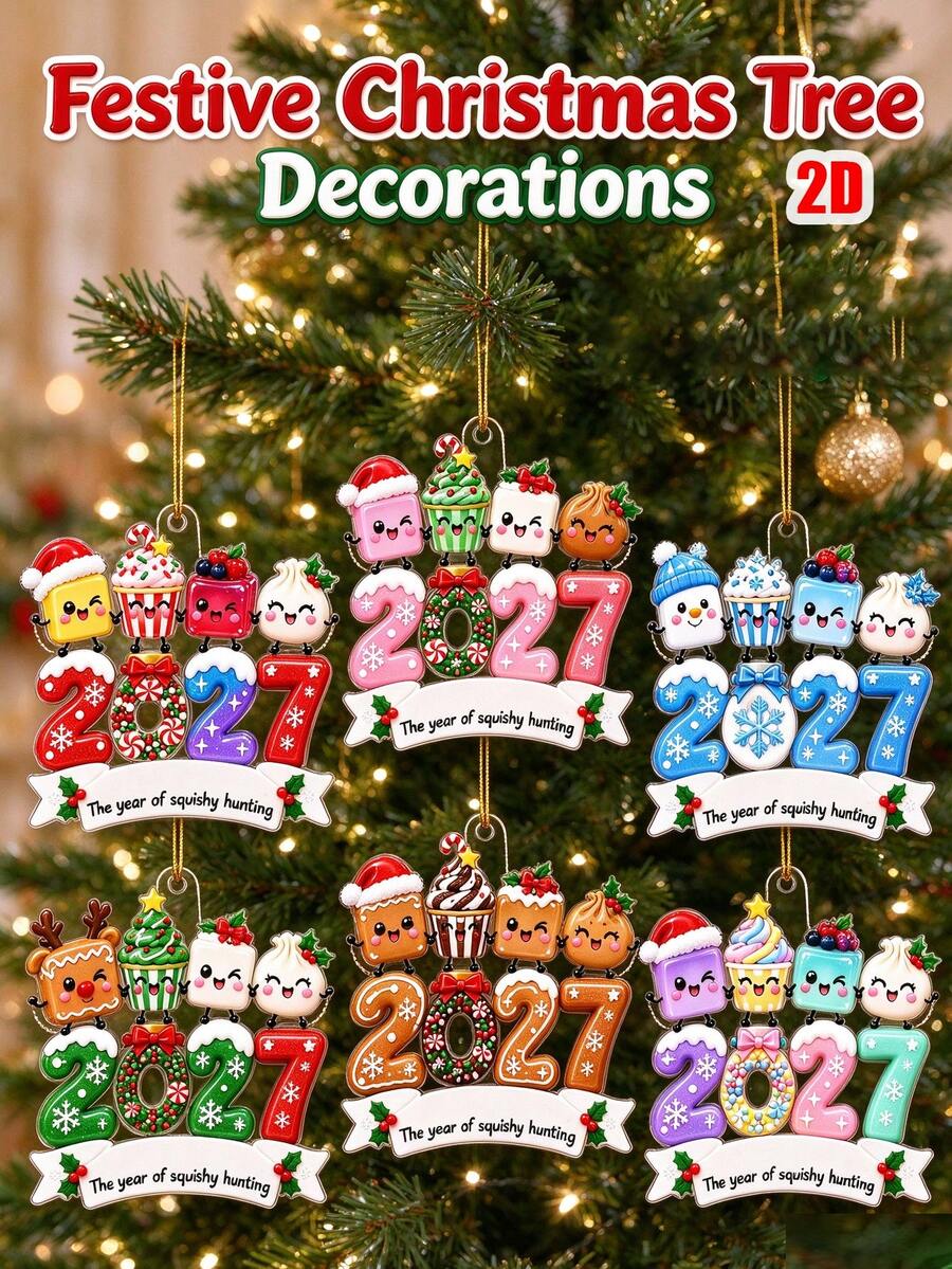 2027 Cute Cartoon Acrylic Christmas Tree Hanging Ornament, Adorable Character Design Pendant, Christmas Party Decoration, Suitable For Family And Children's Holiday Gift - Multicolor - View 1