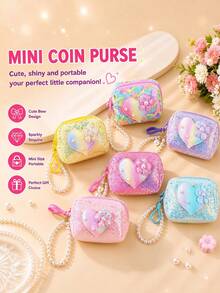 Sequin Heart Mini Coin Purse, Cute Sparkly Coin Pouch, Keychain Wallet With Bracelet, Portable Storage Pouch For , Jewelry, And Coins - Multicolor - View 1