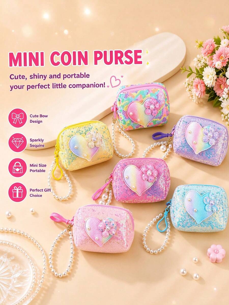 Sequin Heart Mini Coin Purse, Cute Sparkly Coin Pouch, Keychain Wallet With Bracelet, Portable Storage Pouch For , Jewelry, And Coins - Multicolor - View 1