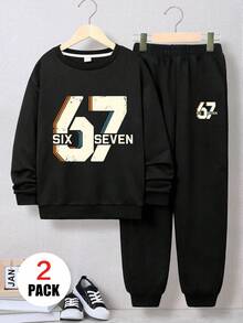 2pcs/Set Boys Casual Crew Neck Sweatshirt & Sweatpants Set, Comfortable Soft, With 67 Number Graphic, Suitable For Autumn/Winter Wear - Black - View 1