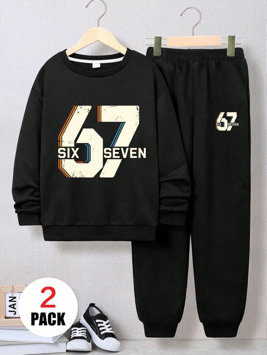 2pcs/Set Boys Casual Crew Neck Sweatshirt & Sweatpants Set, Comfortable Soft, With 67 Number Graphic, Suitable For Autumn/Winter Wear - Black - View 1