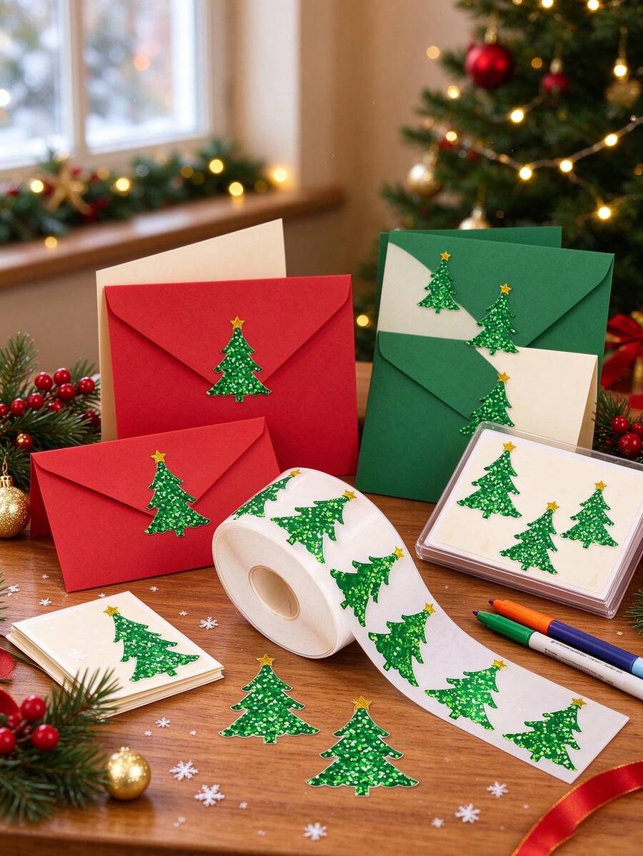 500pcs/Roll Glitter Christmas Tree Stickers Roll, Self-Adhesive Reward Stickers For Kids Classroom, School DIY Crafts & Holiday Cards, Baby Shower - Multicolor - View 1