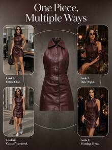 Confident Mature Women's Premium Faux PU Leather Vest Dress, Brown Pencil Skirt For Summer And Autumn, Elegant Office Teacher's Day Bodycon Leather Skirt, Back To School Party Ball Cocktail Holiday Outfit Mini Dress, Four-Button Front Opening June Festival Party Dress, Lined - Red - View 5