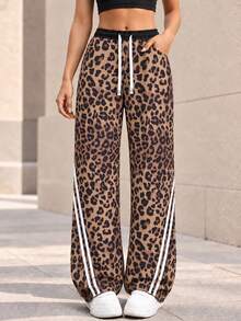 Celana Panjang Wanita Motif Leopard Kaki Lebar dengan Tali Serut dan Garis Putih Dua Sisi, Celana Kasual Longgar - Coklat - View 7