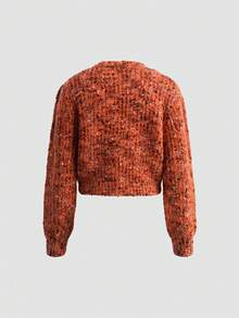 VINOVA Women's Knitted V-Neck Lantern Sleeve Loose Cardigan, Orange Sweater, 2026 Autumn/Winter, Office Fashion, Casual, Basic Top - Orange - View 8