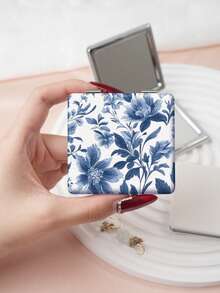 1PC British Country Style Portable Vanity Mirror, Foldable Lightweight Ultra-Thin Convenient Hand Mirror, PU Leather, Suitable For Multiple Scenarios And All People, Foldable Small Square Mirror, Pocket Mirror, Fresh Blue Floral Print Design, Exquisite Handheld 180° Flip Cover Multi-Function Mini Mirror, Compact Mirror, Mirrors, Daily, Holiday, Birthday, Valentine's Day, Mother's Day - Multicolor - View 6