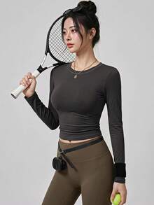 Women's Solid Color Crew Neck Compression Sports T-Shirt, - Grey - View 7