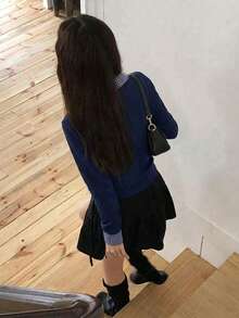 Cardigan Wanita Elegan Warna Navy, Panjang Standar dengan Kancing Depan dan Kerah Klasik untuk Tampilan Preppy - Navy Blue - View 3