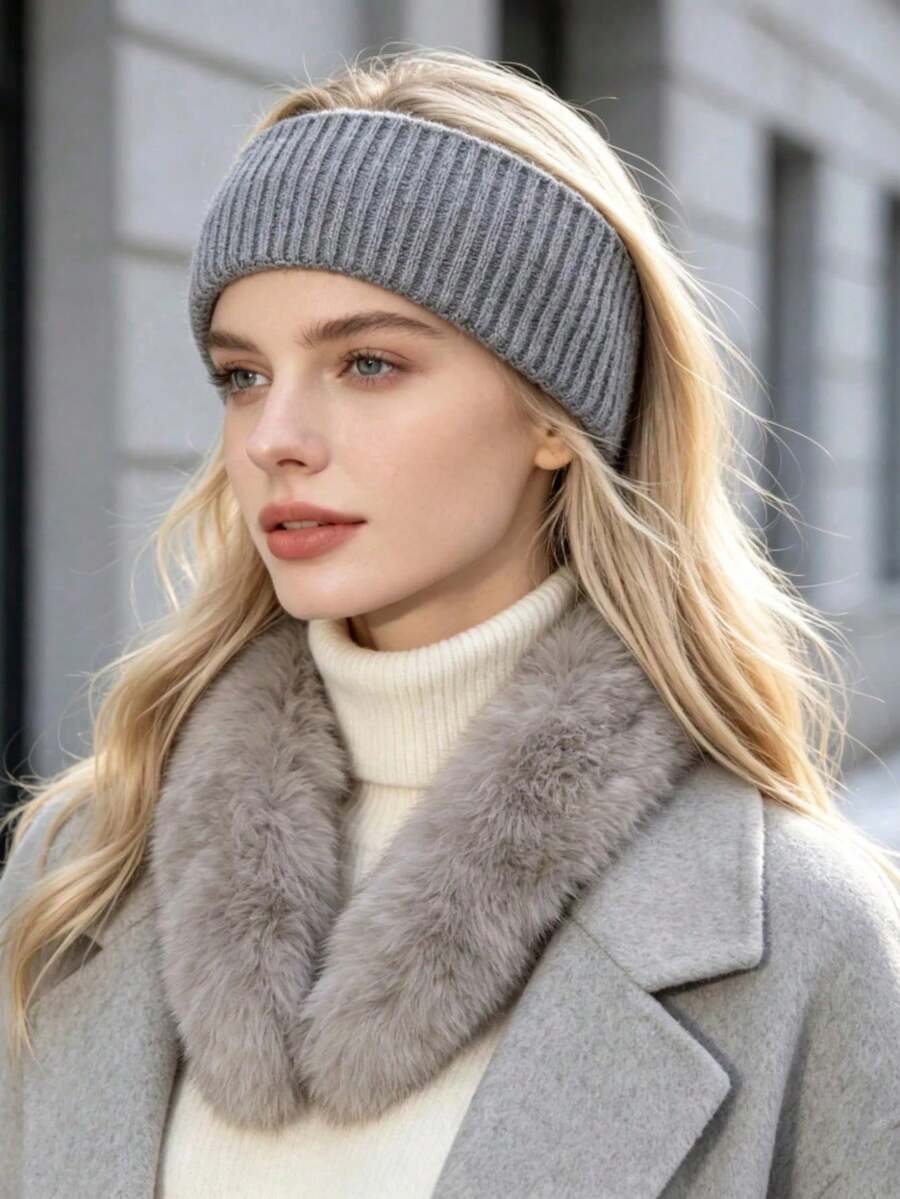 1pc Women's Solid Color Ribbed Knit Wide Headband, Elastic Warm Headwear For Autumn/Winter, Daily Wear Hair Accessory - Multicolor - View 1
