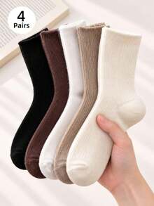 4 Pairs Winter New Japanese Style Solid Color Mink Fur Women's Mid-Calf Socks, Warm Thickened Sleeping Floor Socks, Randomly Shipped - Multicolor - View 1