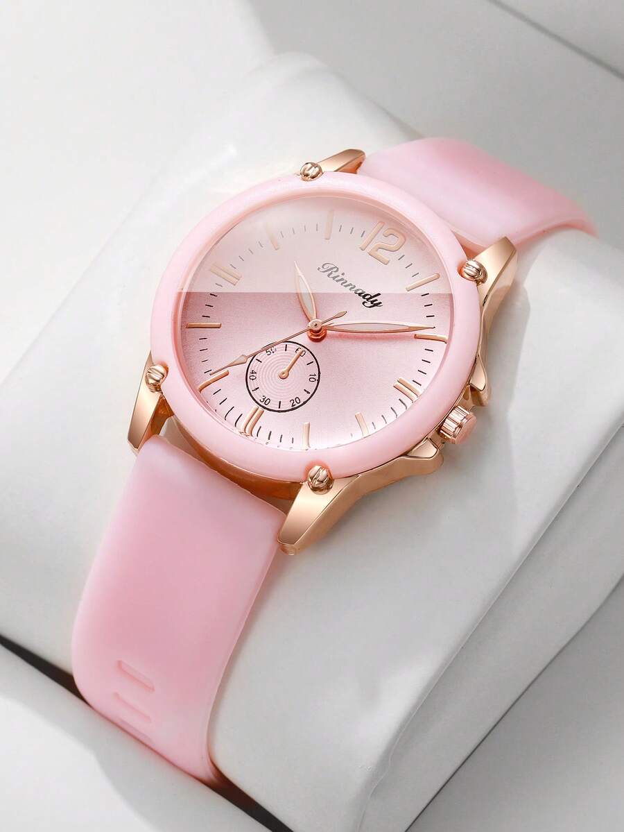 Women's Fashion Gentle Style Quartz Watch, Silicone Strap Single-Eye Digital Scale Dial Quartz Wristwatch, Gift For Girlfriend (1pc/Set) Watch Box Not Included - Pink - View 1