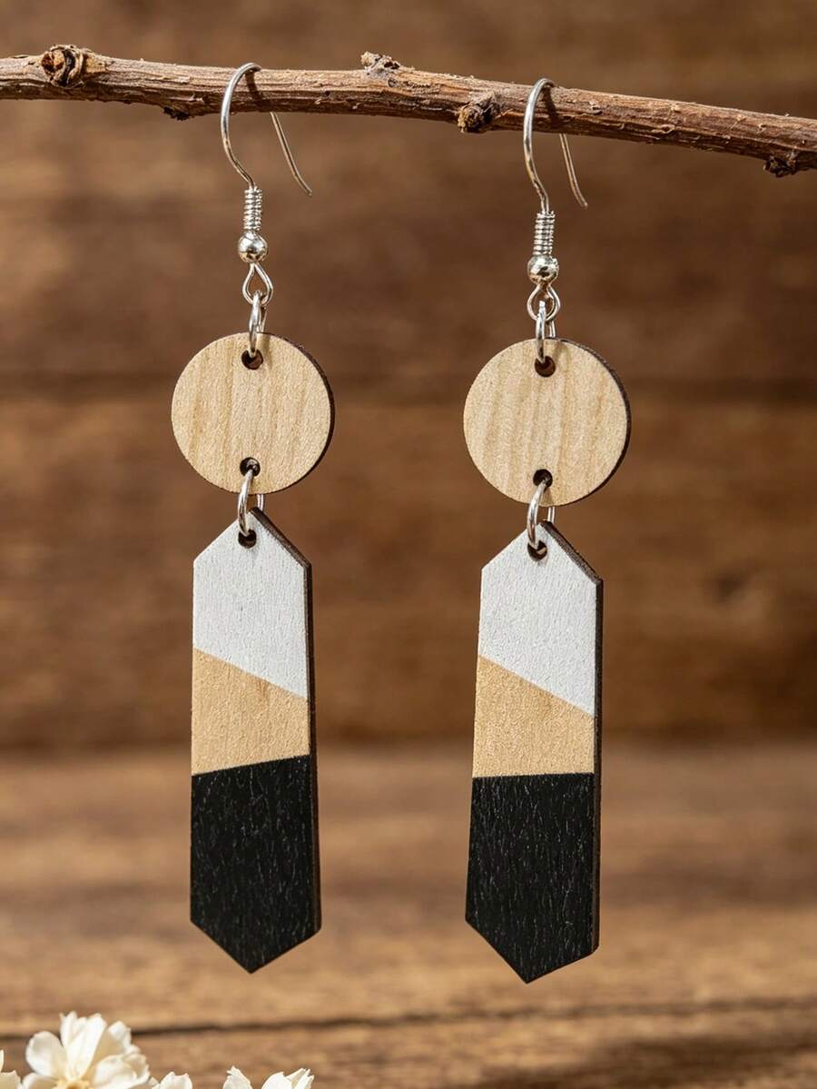1 Pasang Anting Kayu Geometris Warna Kontras, Anting Minimalis Vintage Bentuk Cakram Bulat & Belah Ketupat - MultiWarna - View 1