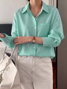 Vellofy Women's Autumn/Winter Green Striped Button-Up Collar Long Sleeve Loose Fit Shirt With Pockets, Suitable For Home Leisure, Daily Dating And Gatherings - Light Green - View 9