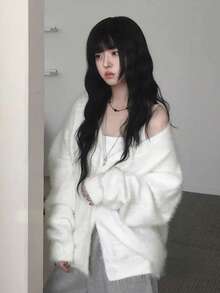 Soft Fluffy V-Neck Cardigan Sweater, Loose Fit Slimming Knit Open Front Jacket - White - View 1