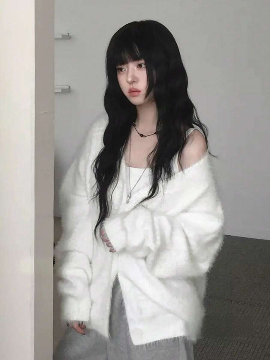 Soft Fluffy V-Neck Cardigan Sweater, Loose Fit Slimming Knit Open Front Jacket - White - View 1