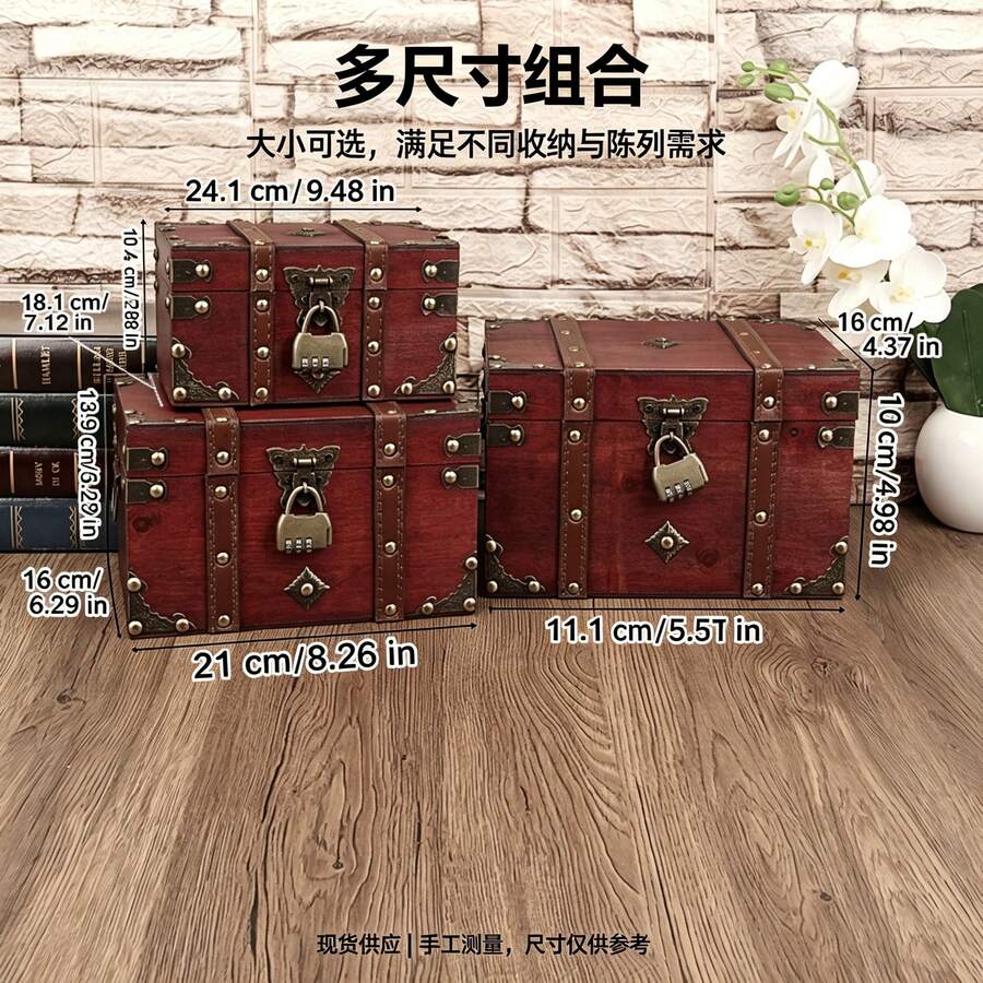 QINBEIYOU 1pc Vintage Wooden Storage Chest With Password Lock, Decorative Treasure Box With Leather Handle & Metal Corner Protector, Desktop Jewelry Document Trinket Organizer, Retro Home Decor Photo Prop
