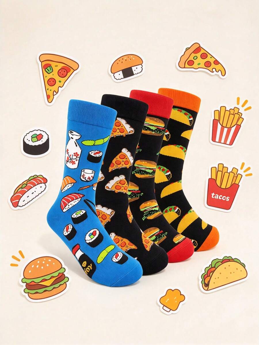 4 Pairs Fun Food Jacquard Mid-Calf Socks, Unisex Sushi Pizza Burger Cartoon Pattern Socks, Personalized Casual Versatile Creative Long Socks - Multicolor - View 1