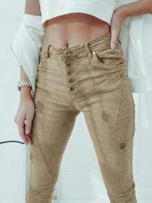 Women's High Waist Slim Fit Ankle Pants, Khaki Casual Trousers With Multi-Button Fly, Distressed Ripped Details, Streetwear Style - Khaki - View 3