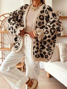 Women's Contrast Leopard Print Jacquard Ruffle Cuff Fall Winter Casual Chic Lazy Versatile Knit Long Sleeve Coat - Apricot - View 2