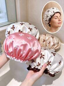 1pc Double-Layer Butterfly Printed Hair Cap, Elastic Shower Hair Cap, Suitable For Kitchen And Home Use, Home Bathroom Decoration, Deep Hair Care, Reusable Waterproof, Unisex, Long Hair Therapy Shower Cap, Essential For Travel, Sauna Cap - Multicolor - View 1