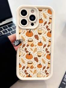 Autumn Halloween Pumpkin Maple Leaf Coffee Cup Pattern Phone Case, White Frame Large Window Lens Frame Shockproof Protective Phone Cover Compatible With Apple IPhone18 17 16 15 14 13 12 11 Pro Max - Multicolor - View 5