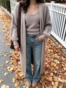 NOVELLE Women's Khaki Lazy Style Knit Sweater Set, Autumn Winter Buttonless Extra Long Cardigan With Camisole, Daily Going Out, Commute And Dating - Khaki - View 4