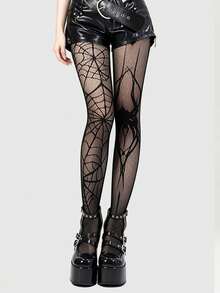 1 Pair Women's Spider Print Fishnet Tights, High Waist Stretch Mesh Stockings, Gothic Y2K Pantyhose For Halloween Costume, Party, Club & Cosplay - Multicolor - View 5