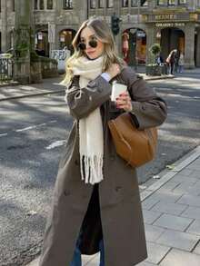 1PC Women's Autumn/Winter Solid Color Versatile College Style Elegant Thick Fringe Warm Scarf, Suitable For Cold Weather And Shopping Outfits - White - View 2