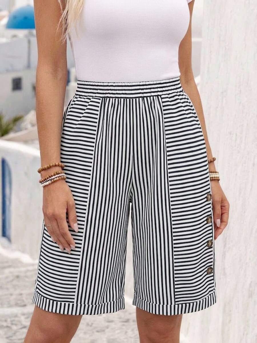 Jisfaneya (Non-Positioned Print) Women's Casual Striped Button-Pocket Cropped Pants Summer Black - Black - View 1