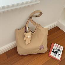 Minimalist Embroidered Canvas Tote Bag Large Capacity Student Shoulder Bag Cute Bear Pendant Casual Commute Handbag - Multicolor - View 4