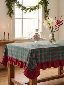 1pc Deep Green Background Red & White Striped Plaid Tablecloth, Vintage Holiday Style Fabric Material, Rectangular Red Ruffle Hem Decor, Beautify & Protect Tabletop, Suitable For Christmas, Winter Indoor Decor, Home Coffee Table - Green - View 5