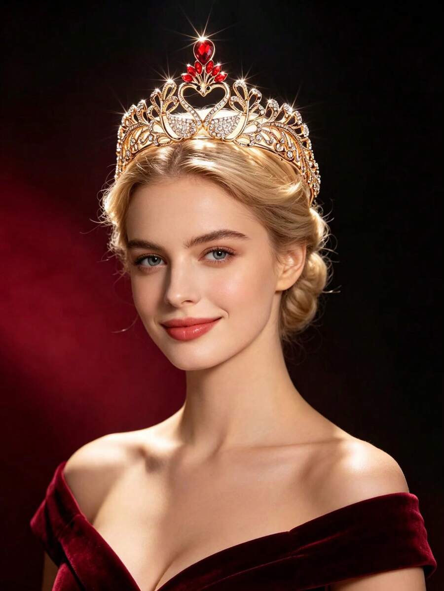 1件女款時尚公主風3D皇冠甜美奢華水鑽生日髮飾髮箍 - 44045紅色 - 查看 1