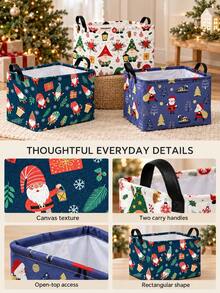 Christmas Square Storage Basket, Printed With Santa Claus, Gnomes, Snowflakes And Trees, Reinforced Handle And Open Design, Multi-Purpose Toy, Blanket, Book And Gift Storage Bin, Suitable For Bedroom, Living Room, Holiday Party And Winter Decor - Multicolor - View 2