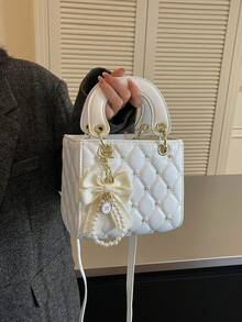 1pc White Elegant Quilted Pearl Decor Women's Handbag, Cute Bow Pearl Pendant, Fashionable Shoulder Crossbody Handbag, Suitable For Wedding Party - White - View 3