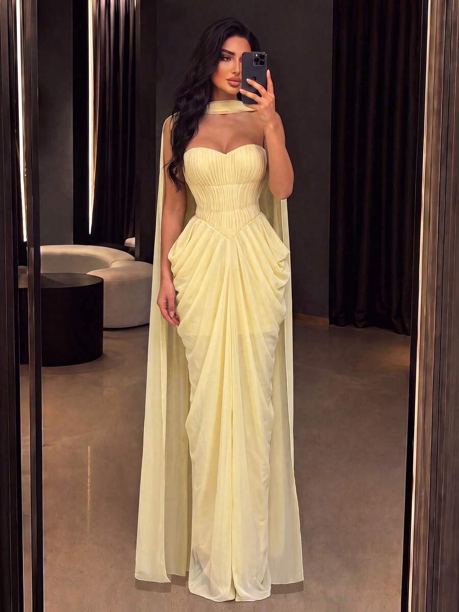 Women's Elegant Long Chiffon Dress, Sleeveless Strapless, Ruched Details, Slit Hem And Tie Back, Suitable For Ball Or Formal Occasions - Light Yellow - View 1