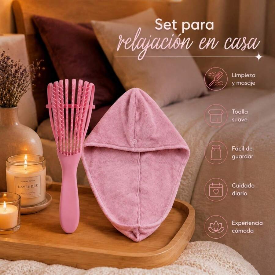 Toalla para envolver el cabello mojado, turbante de secado rápido con cepillo para todo tipo de cabello. - Rosa - Ver 1
