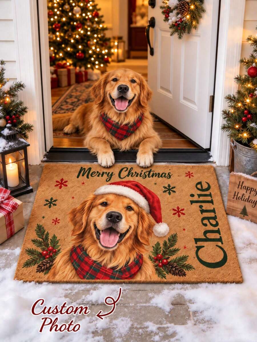 Personalized Christmas Dog Doormat, Customized Pet Portrait Doormat, Dog Lover Gift, Holiday Front Door Decor, Customized Name Pet Mat - Multicolor - View 1