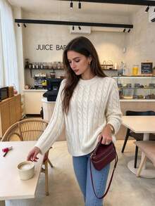 Just Masa Women's Autumn Casual Cable Knit Bell Sleeve Pullover Sweater, Loose Fit Solid Color Round Neck Ribbed Rajut Top, Suitable For Daily Wear, Outing, Commuting - Aprikot muda - View 4