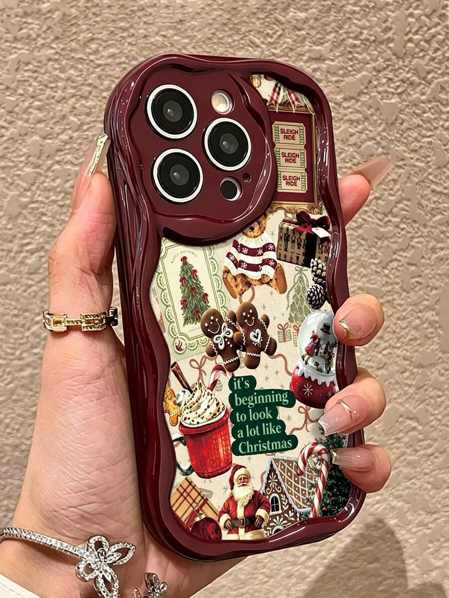 Christmas Painted Cream Wave Edge Burgundy Flat Print Anti-Drop Fashion Cute Phone Case For IPhone 17/17 Pro/17 Pro Max/16/16 Pro/16 Pro Max/16 Plus/14/15/P14/P13/P12/P11, Thickened Soft Full Coverage Creative Shockproof Shell - Multicolor - View 1