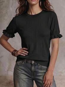 Women's Casual Yellow Round Neck Ruffle Short Sleeve Loose Fit T-Shirt, Spring/Summer, Suitable For Dating And Daily Wear - Black - View 6