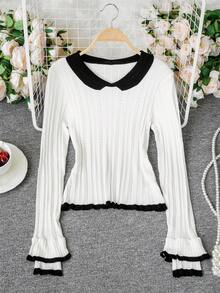 Black & White Contrast Color Small Lapel Ribbed Knit Slim Fit Waist Hollow Out Detail Ruffle Flare Long Sleeve Base Layer Top For Women - White - View 6