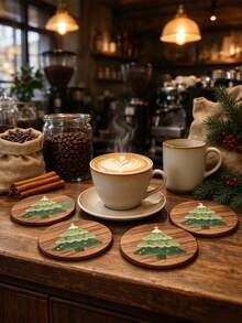1/4/6pcs Christmas Tree Pattern Wooden Coasters - Round Wooden Drink Coasters With Hand-Painted Christmas Tree Design; Heat-Resistant And Absorbent, Suitable For Coffee Cups, Tea Cups; Perfect For Winter Holiday Table Decor; Ideal Christmas Housewarming Gift For Home Kitchen, Dining Table Or Bar. - A - View 4