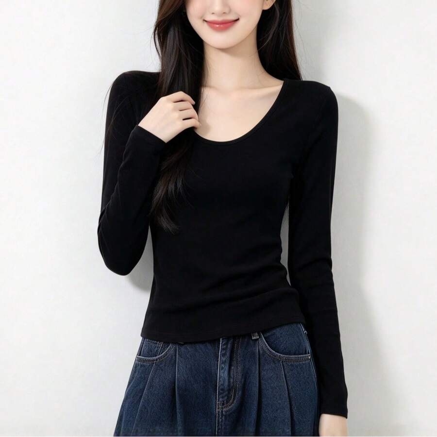 Women's Black Regular Shoulder Long Sleeve T-Shirt, Autumn Fitted Basic Top, Fashionable Commuter Inner Layer, Layering Top, Halloween Outfit - Black - View 1
