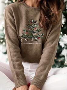 Sweater Kasual Hangat Wanita Ukuran Plus Motif Pohon Natal & Kereta Luncur dari Bahan Kasmir Imitasi (Musim Gugur/Musim Dingin/Thanksgiving) - Abu-abu tanah - View 10