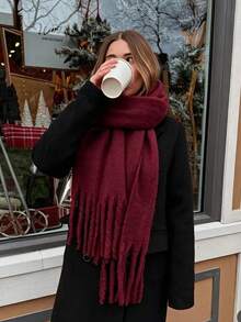 1PC Winter Warm Solid Color Thick Scarf, Suitable For Both Men And Women With Thick Knitted Tassel Scarf, A Couple Style Gift For Friends And Family - Burgundy - View 3
