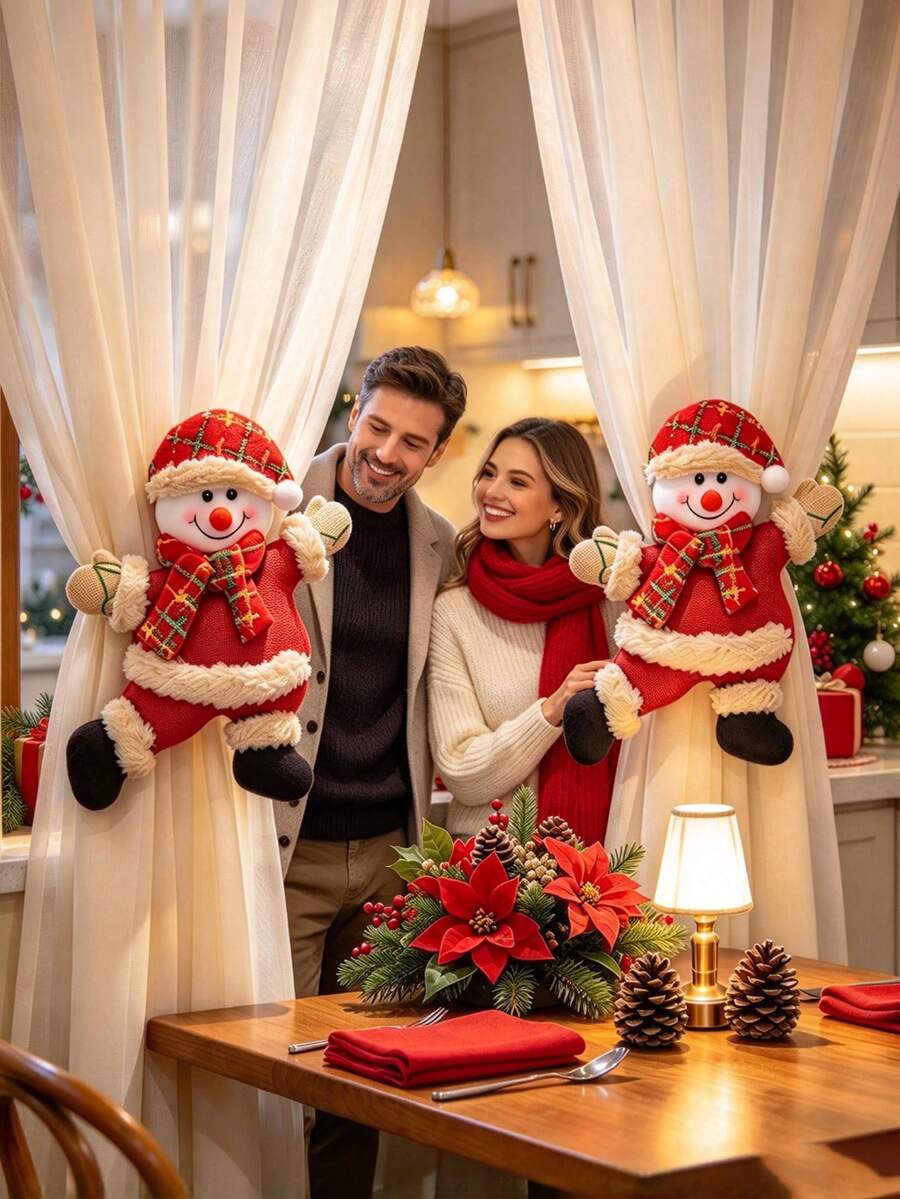Creative Santa Claus Curtain Tiebacks, Christmas Snowman New Year Curtain Clips, Winter Brown Plush Design, Christmas Holiday Window Decor Home Decoration - Multicolor - View 1
