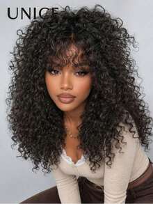 UNice Fluffy Curly Wig With Pre-Cut Bangs, Glue-Free 2*4 Lace, Natural Black, 100% Human Hair, With Drawstring, Pre-Cut Pre-Plucked, Bleached Roots, Ready-To-Wear, Suitable For Beginner Women, 150% Density - Natural Black - View 6